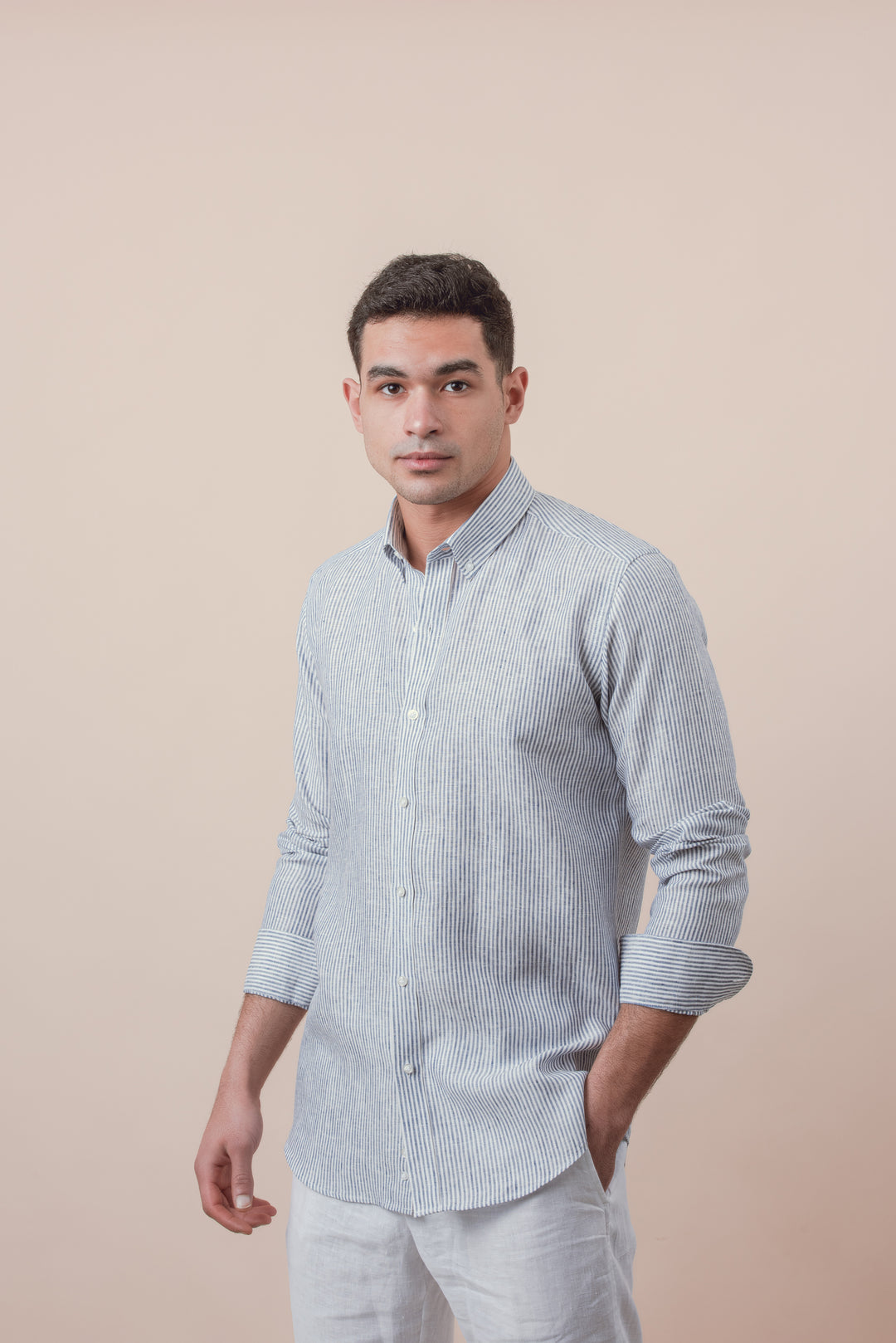 STRIBED WASHED LINEN REGULAR FIT SHIRT