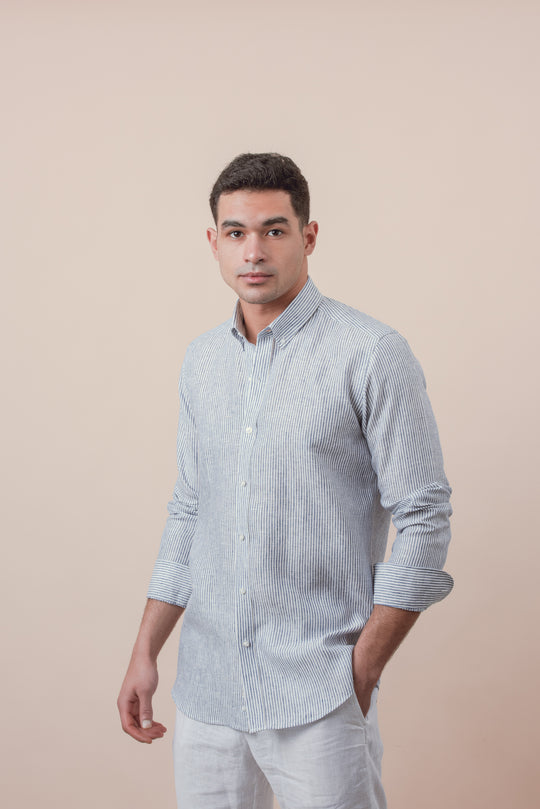 STRIBED WASHED LINEN REGULAR FIT SHIRT