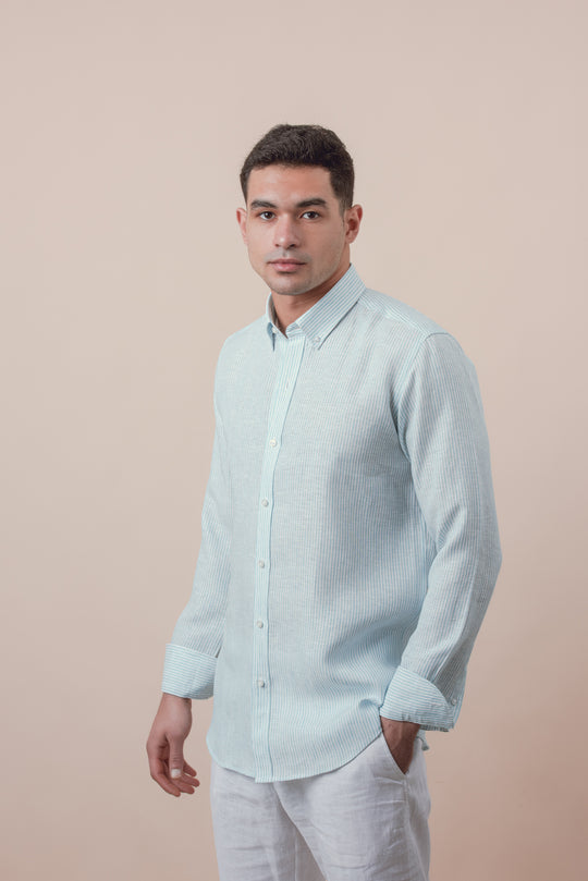 STRIBED WASHED LINEN REGULAR FIT SHIRT