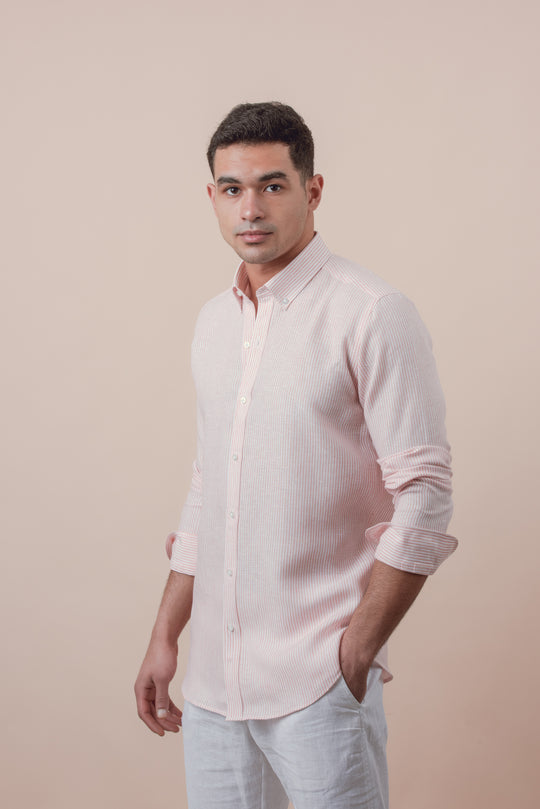 STRIBED WASHED LINEN REGULAR FIT SHIRT