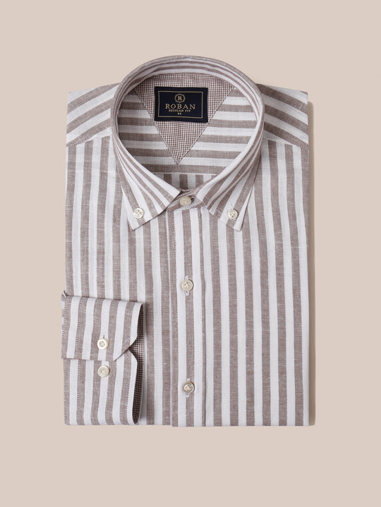 STRIPED WASHED COTTON LINEN REGULAR FIT SHIRT