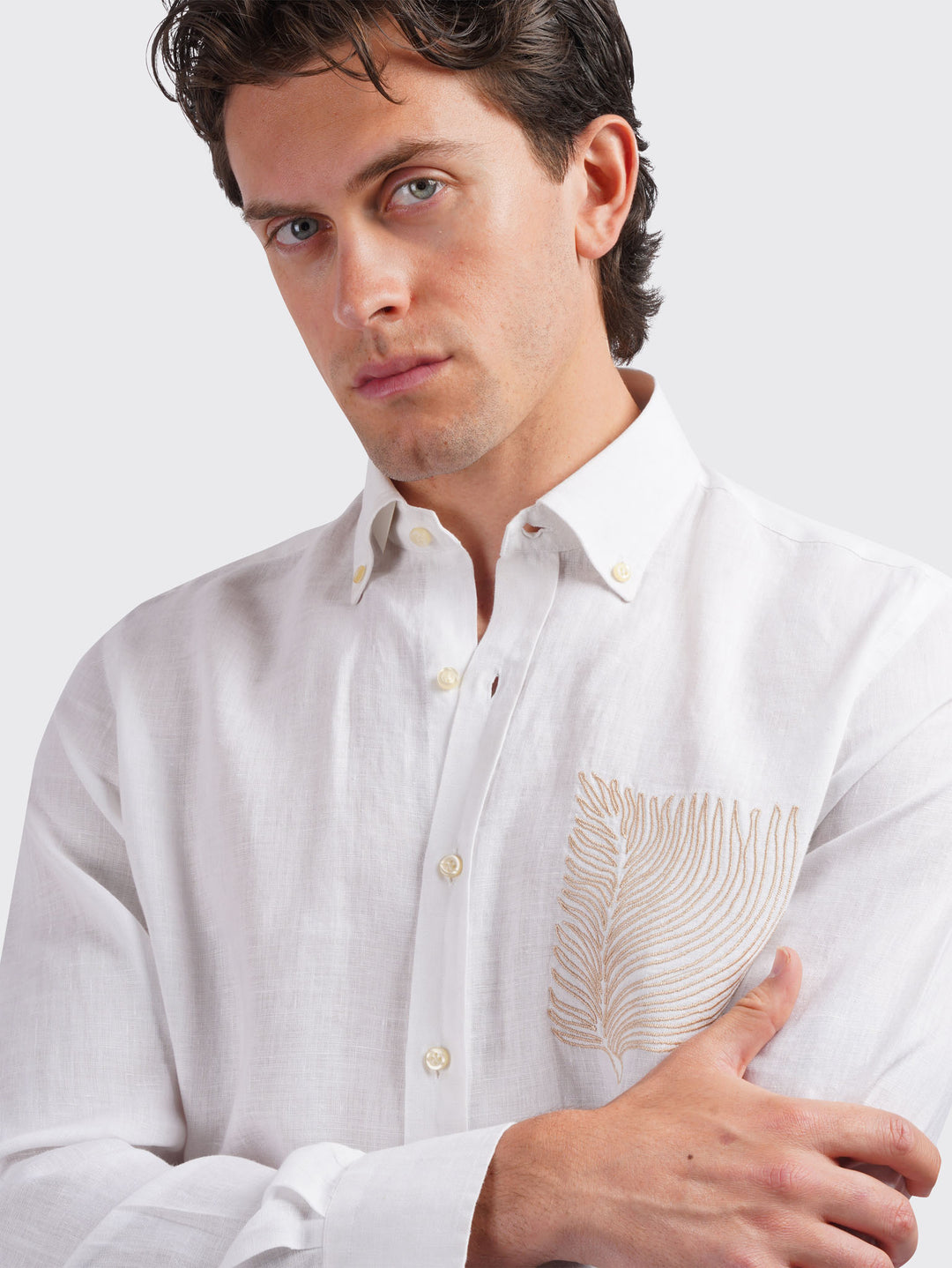 MONOCHROME LEAF EMBROIDERED LINEN SHIRT
