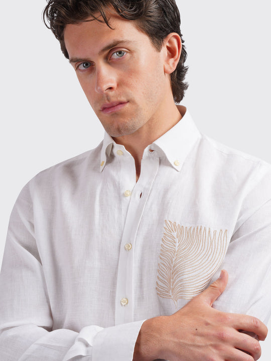 MONOCHROME LEAF EMBROIDERED LINEN SHIRT