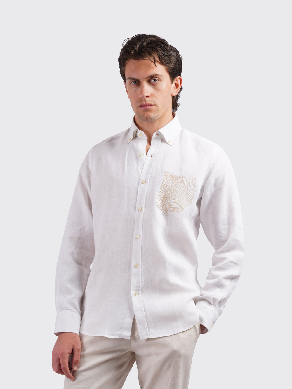 MONOCHROME LEAF EMBROIDERED LINEN SHIRT