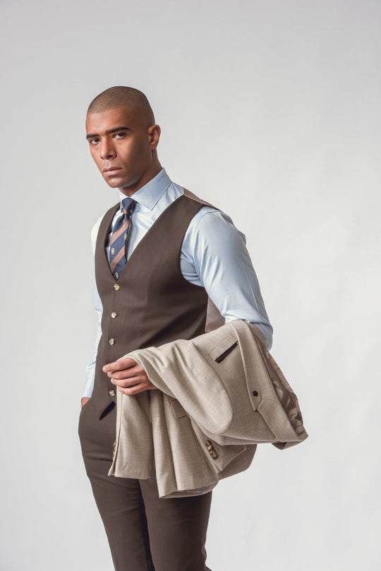 BEIGE HERRINGBONE 3 PIECES SLIMT FIT SUIT - Roban