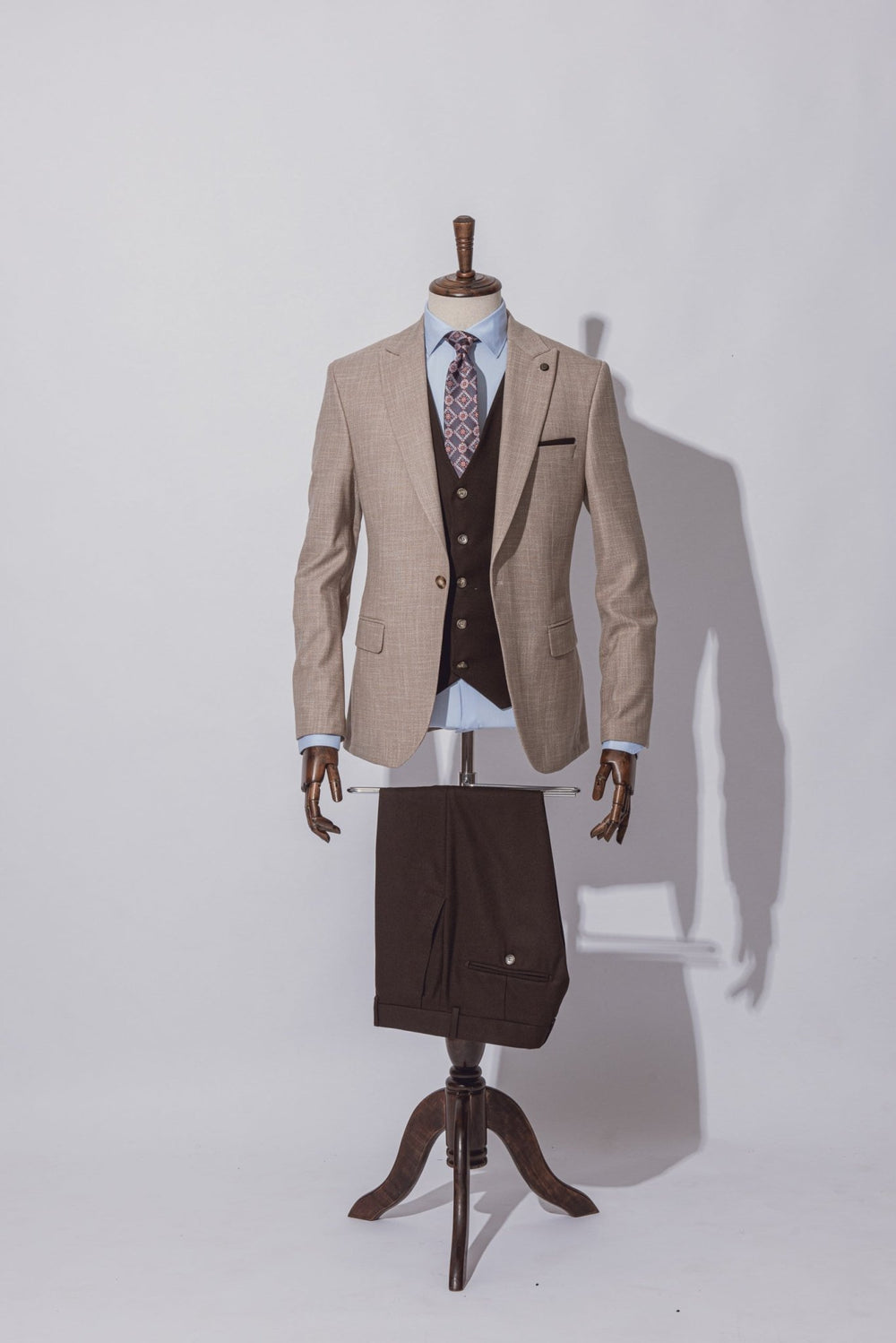 BEIGE HERRINGBONE 3 PIECES SLIMT FIT SUIT - Roban