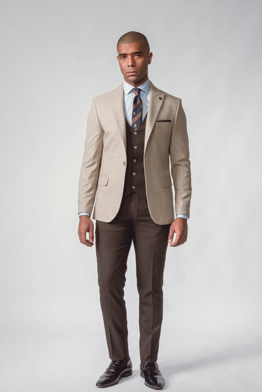 BEIGE HERRINGBONE 3 PIECES SLIMT FIT SUIT - Roban