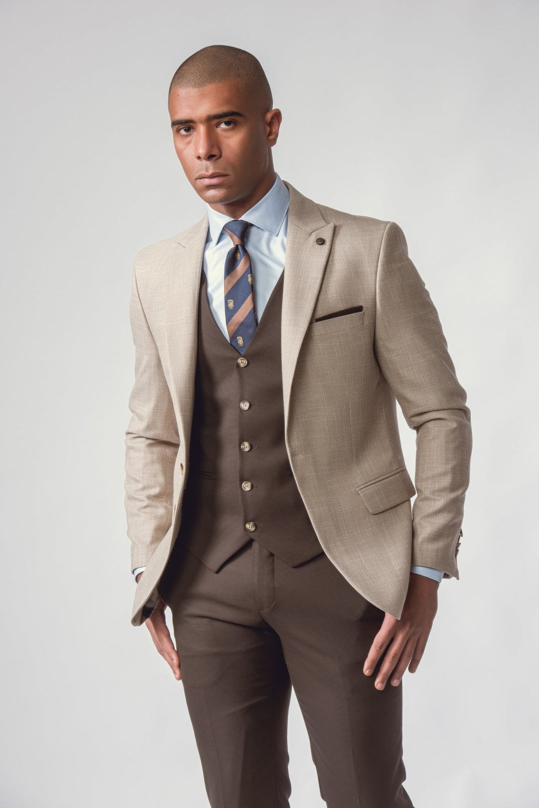 BEIGE HERRINGBONE 3 PIECES SLIMT FIT SUIT - Roban