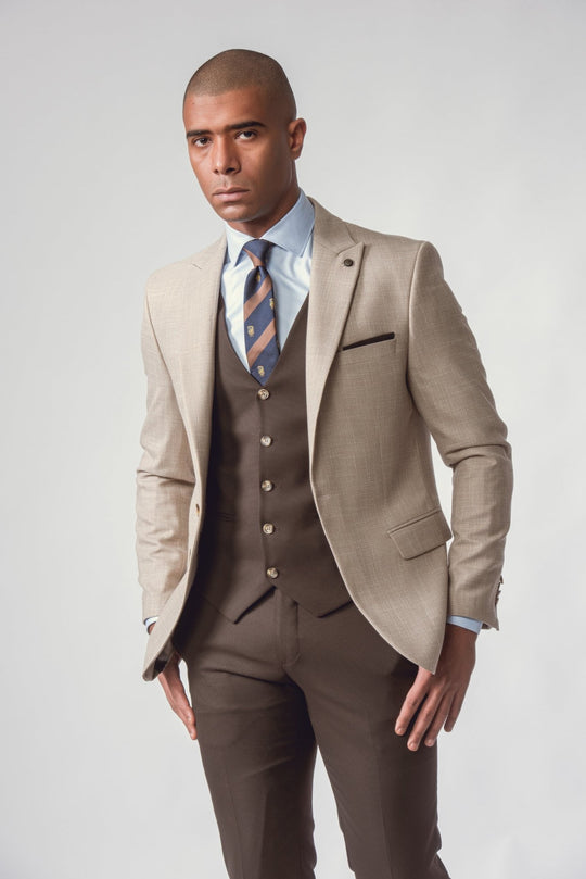 BEIGE HERRINGBONE 3 PIECES SLIMT FIT SUIT - Roban