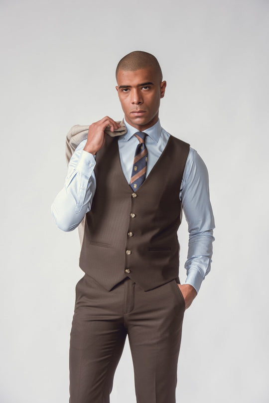 BEIGE HERRINGBONE 3 PIECES SLIMT FIT SUIT - Roban