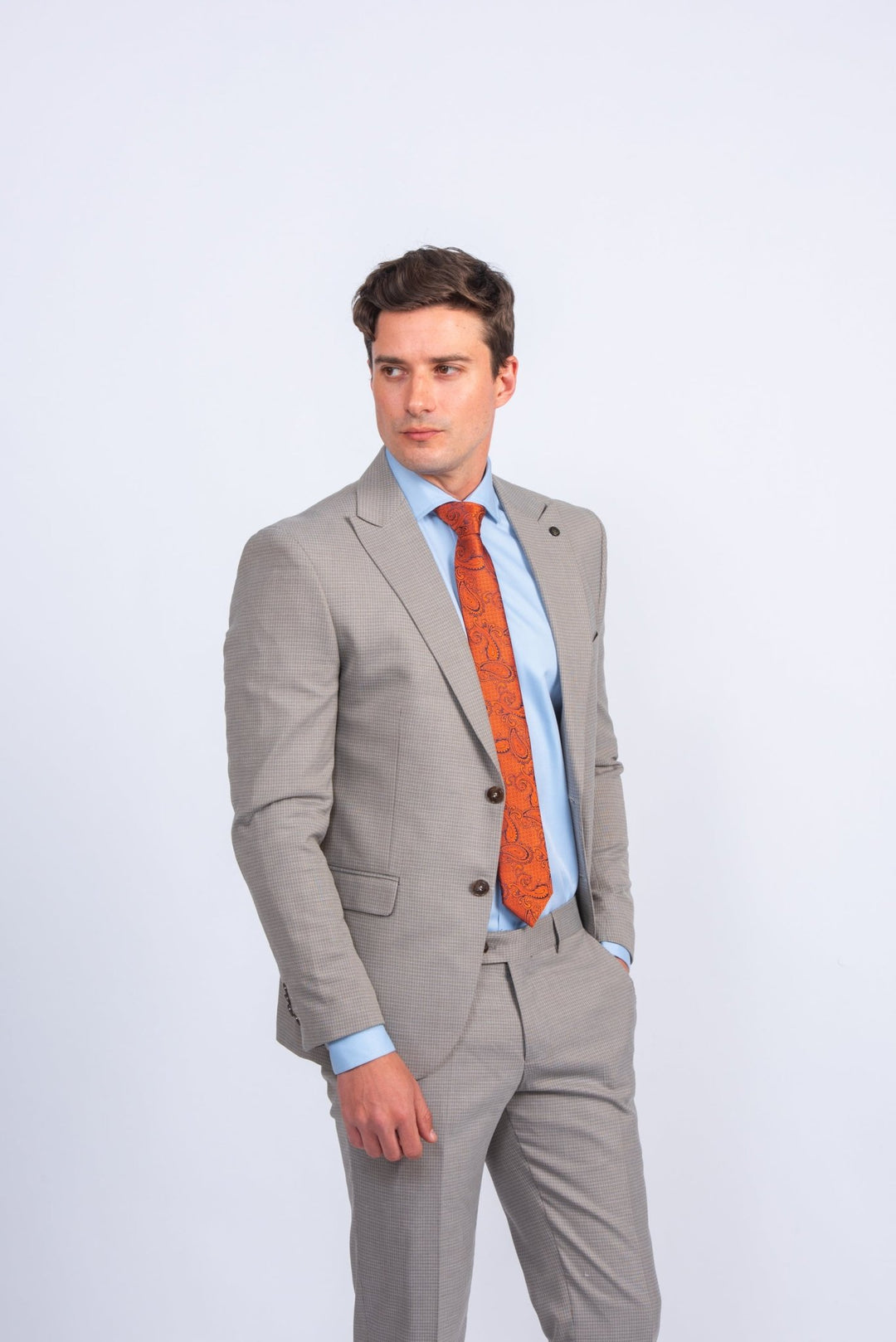 Beige Micro Checked Regular Fit Suit - Roban