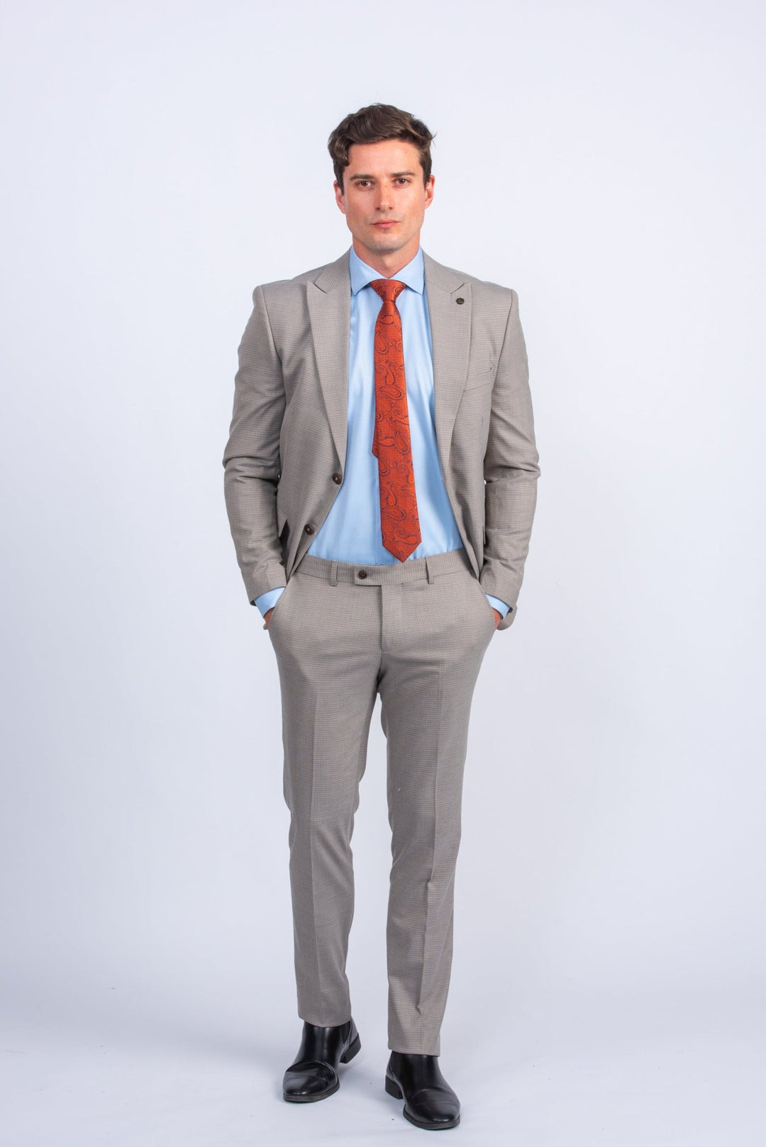 Beige Micro Checked Regular Fit Suit - Roban