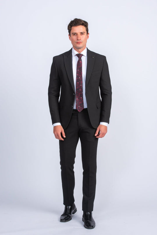 Black Textured Slim Fit Suit - Roban