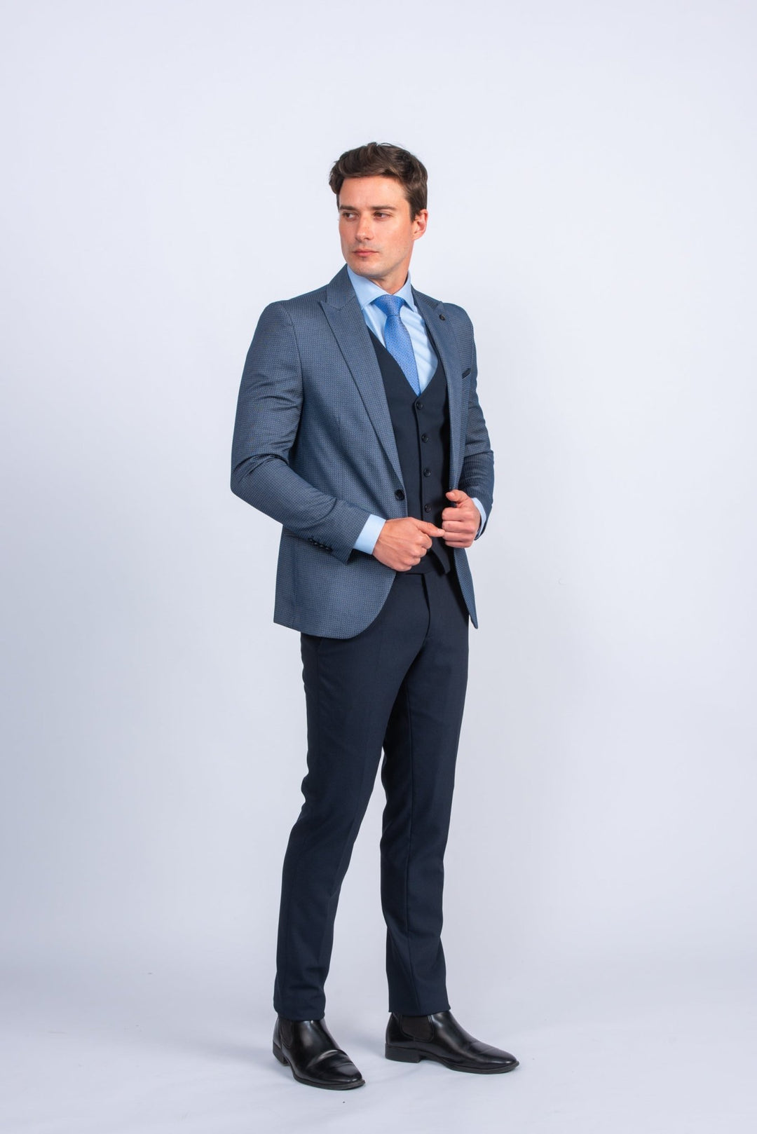 Blue Dotted Slim Fit 3 Pieces Suit - Roban