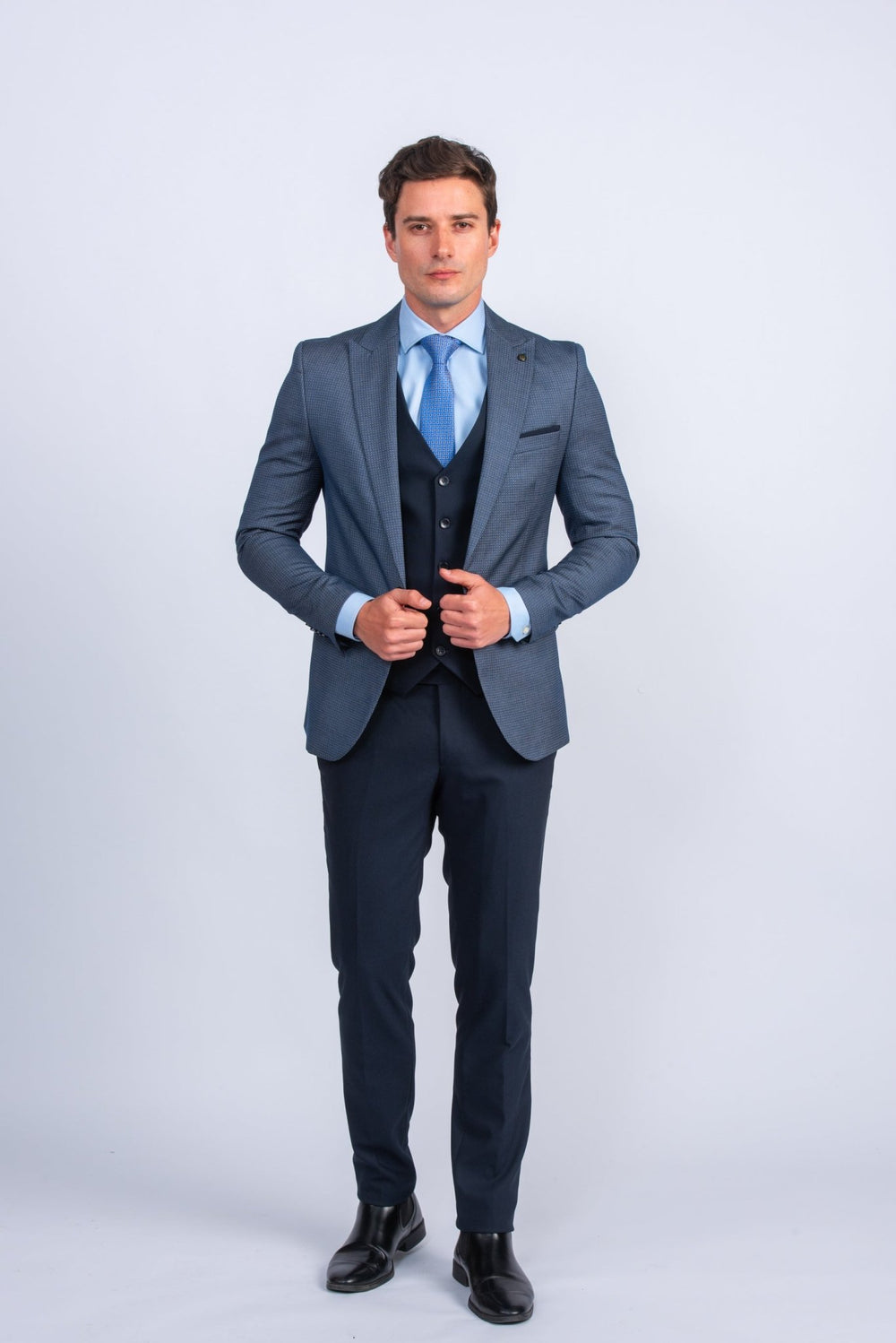 Blue Dotted Slim Fit 3 Pieces Suit - Roban