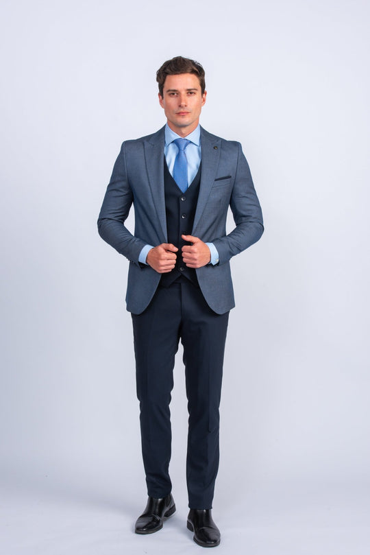 Blue Dotted Slim Fit 3 Pieces Suit - Roban