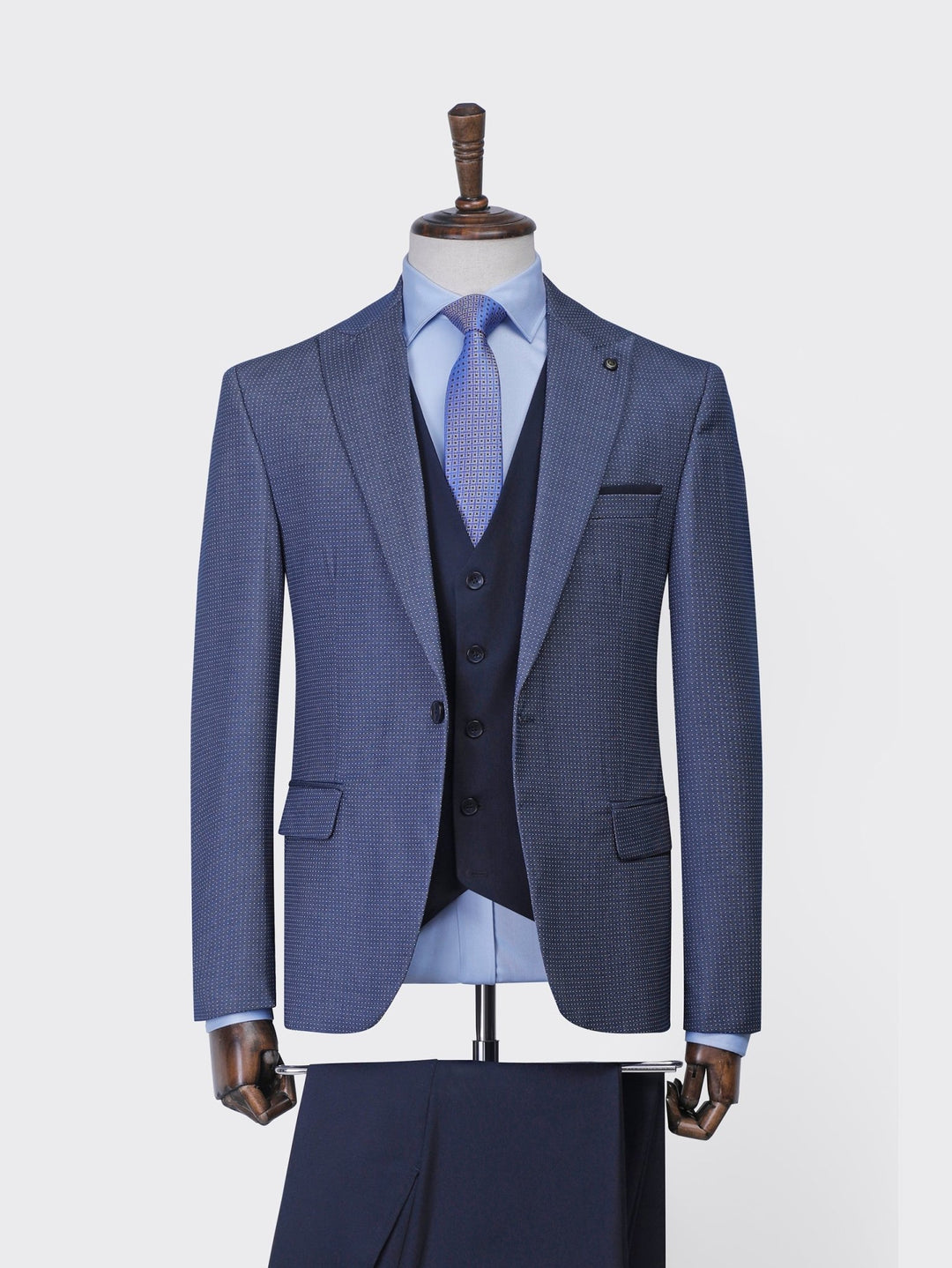 Blue Dotted Slim Fit 3 Pieces Suit - Roban