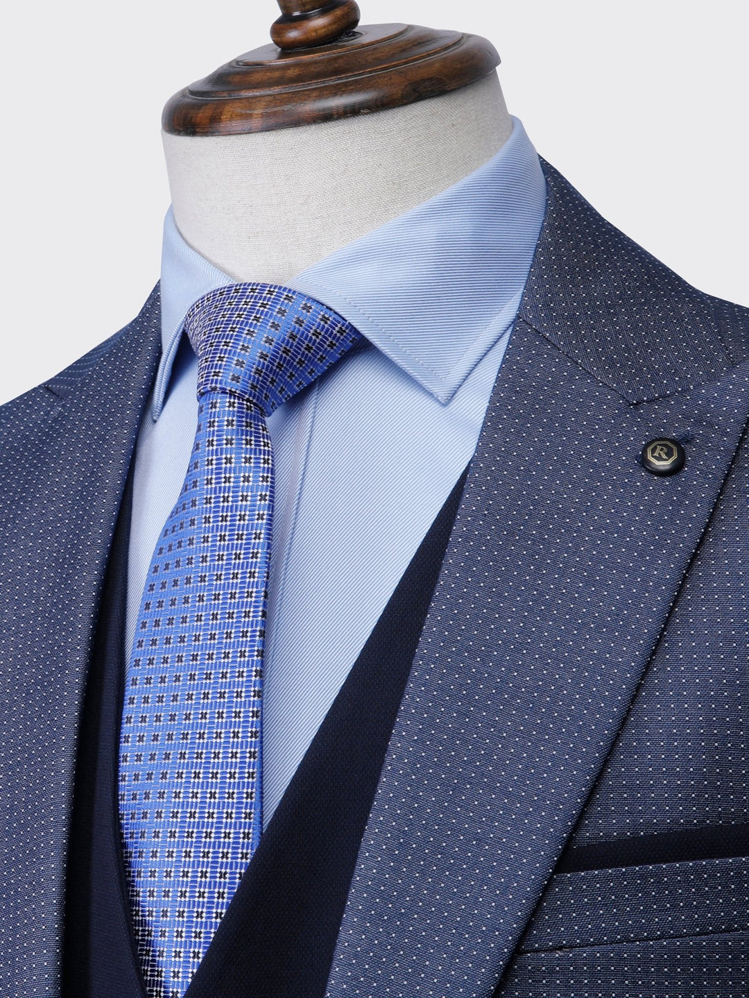 Blue Dotted Slim Fit 3 Pieces Suit - Roban