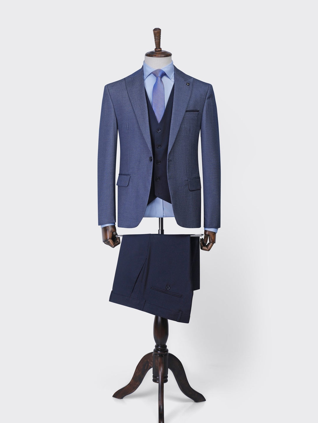 Blue Dotted Slim Fit 3 Pieces Suit - Roban