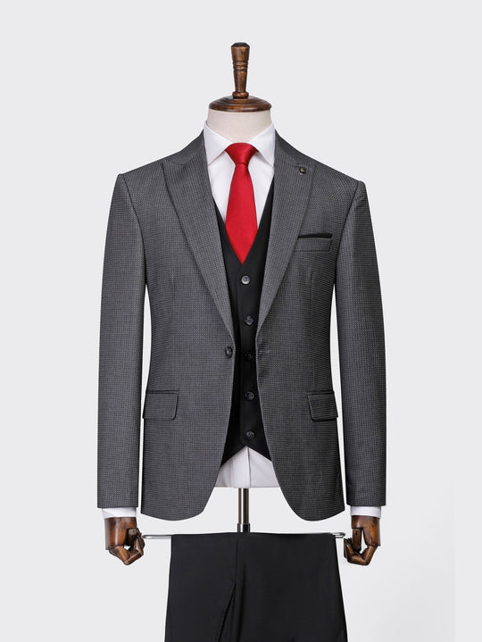 Charcoal Black Dotted Slim Fit 3 Pieces Suit - Roban