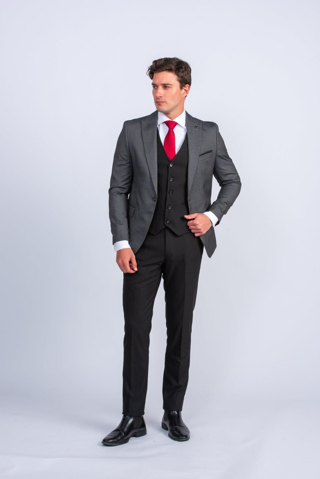 Charcoal Black Dotted Slim Fit 3 Pieces Suit - Roban