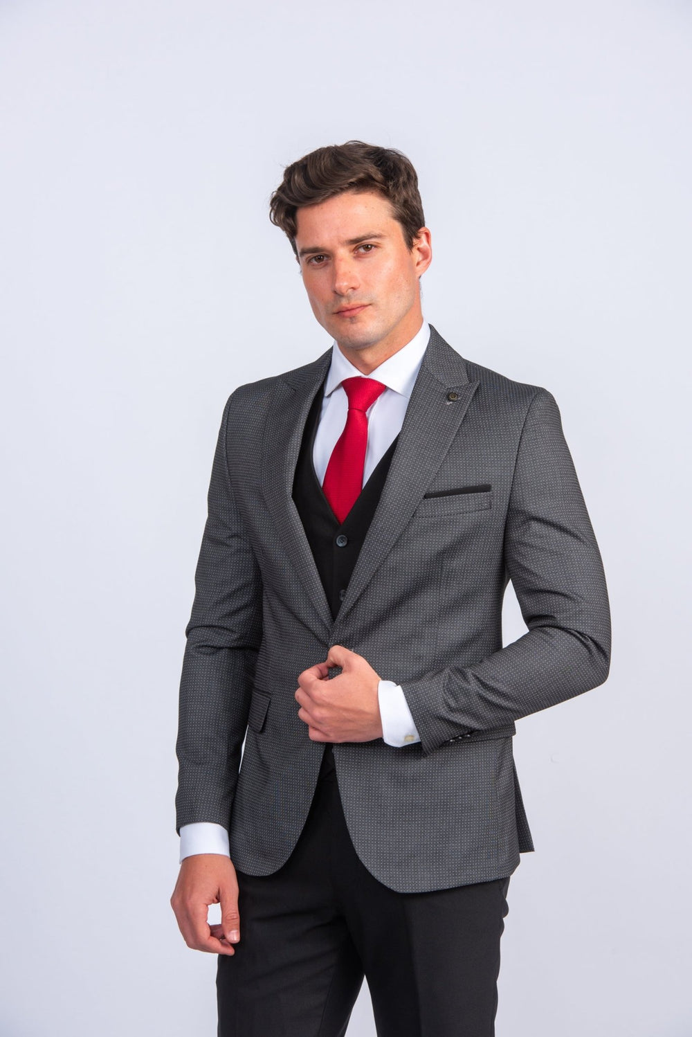 Charcoal Black Dotted Slim Fit 3 Pieces Suit - Roban