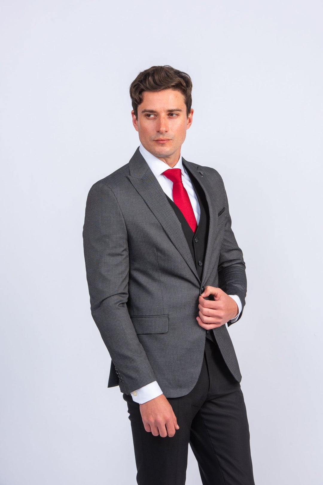 Charcoal Black Dotted Slim Fit 3 Pieces Suit - Roban