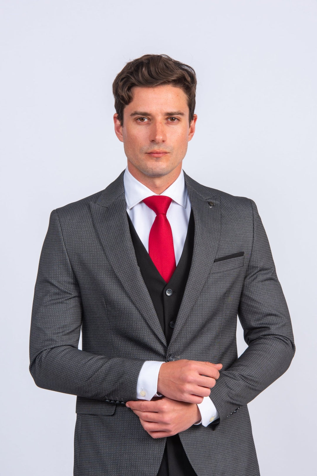 Charcoal Black Dotted Slim Fit 3 Pieces Suit - Roban