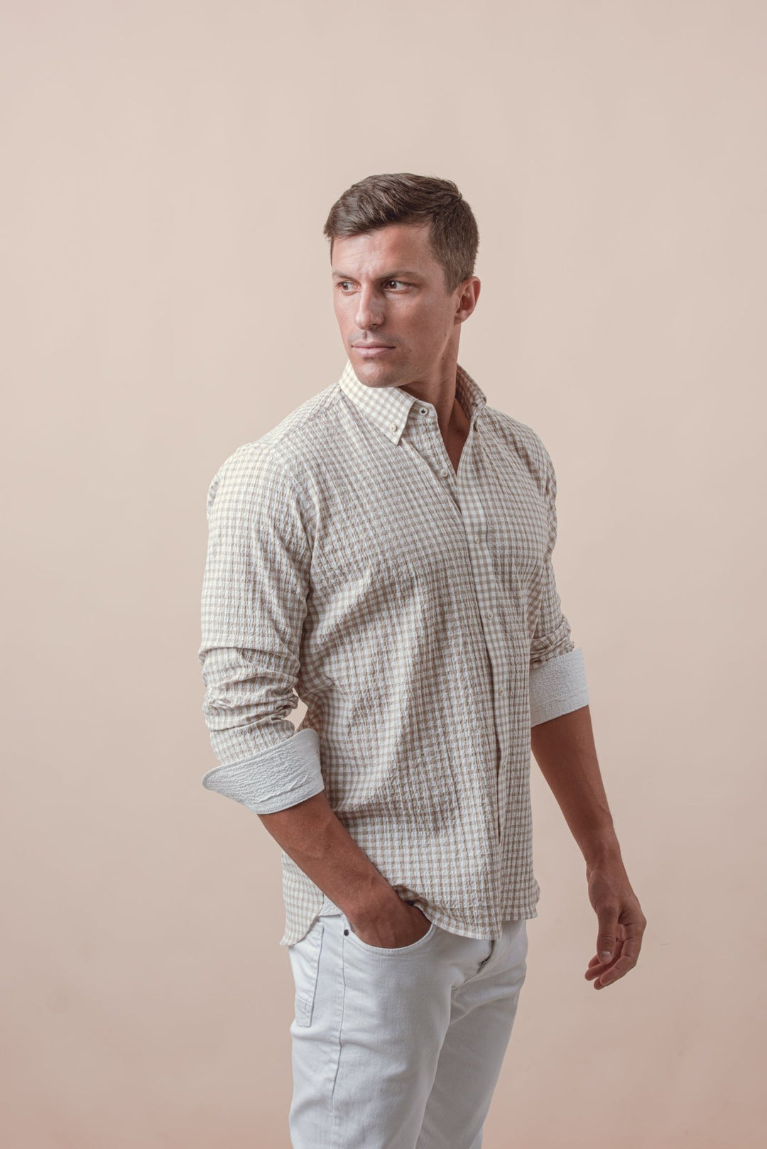 CHECKED CRINKLE - RIBBED COTTON REGULAR FIT SHIRT - Roban