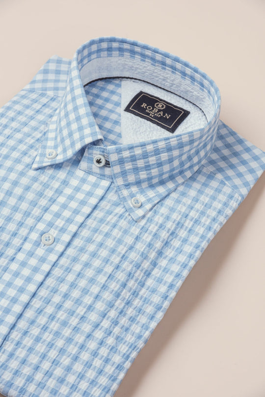 CHECKED CRINKLE - RIBBED COTTON REGULAR FIT SHIRT - Roban
