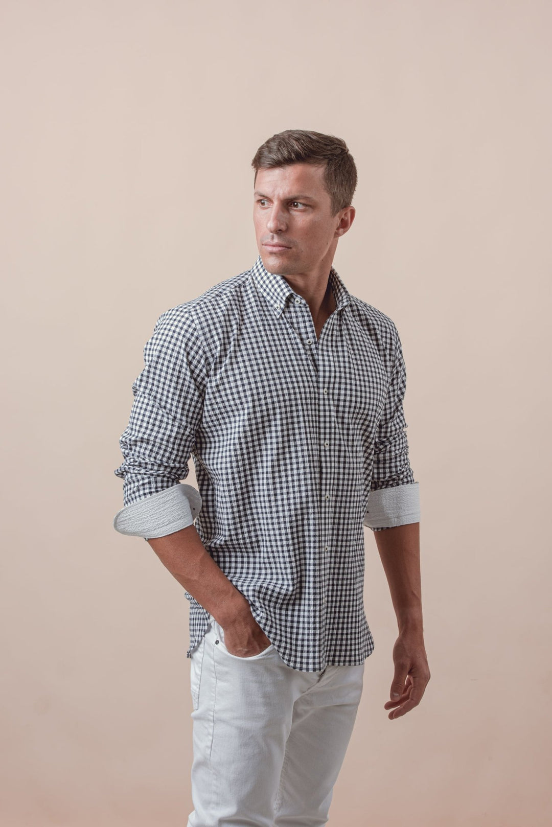CHECKED CRINKLE - RIBBED COTTON REGULAR FIT SHIRT - Roban