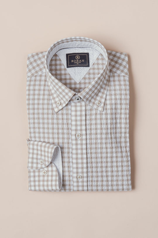 CHECKED CRINKLE - RIBBED COTTON REGULAR FIT SHIRT - Roban