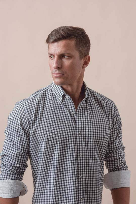 CHECKED CRINKLE - RIBBED COTTON REGULAR FIT SHIRT - Roban