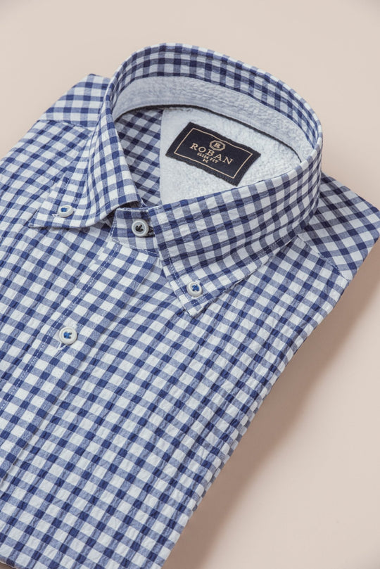 CHECKED CRINKLE - RIBBED COTTON REGULAR FIT SHIRT - Roban