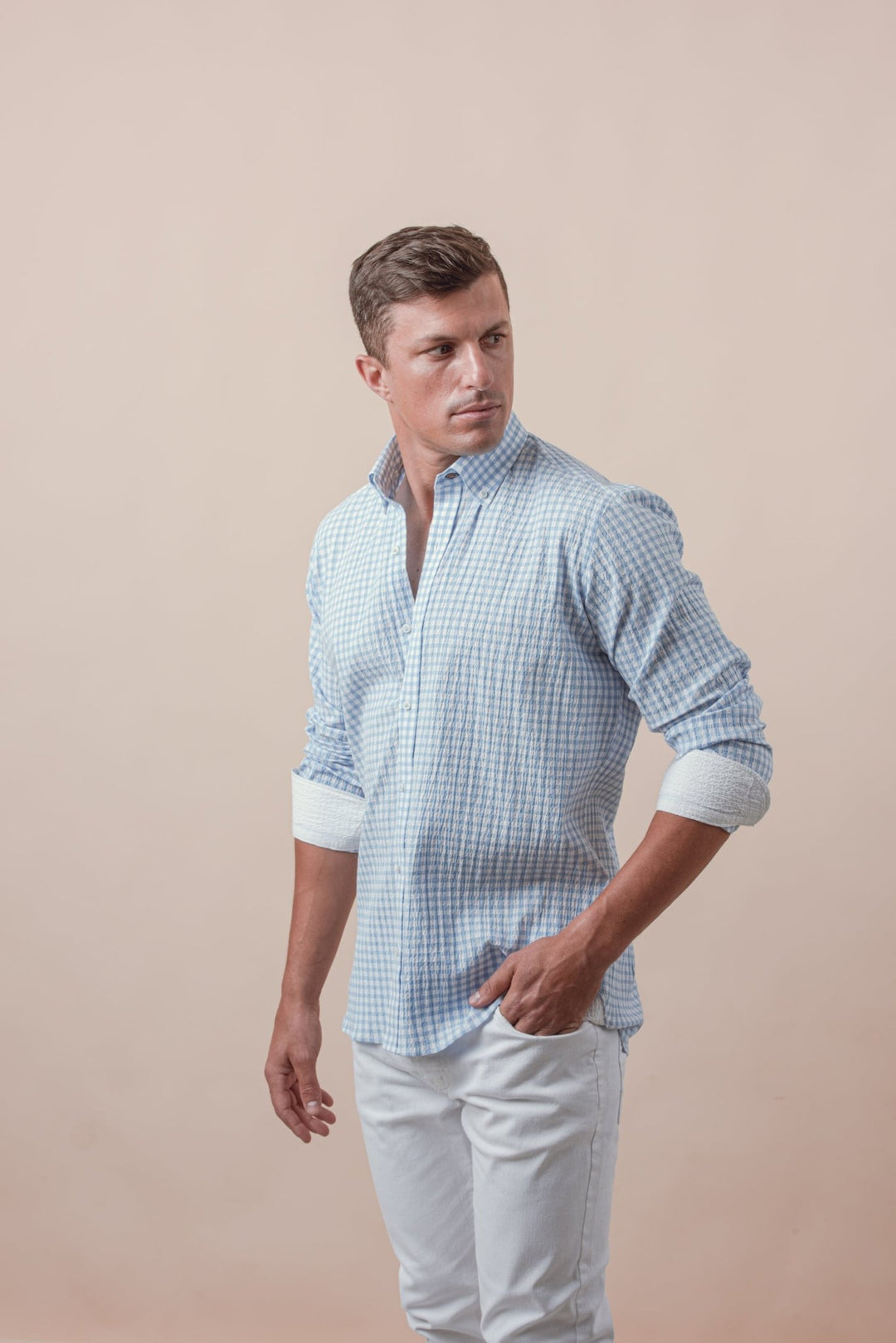 CHECKED CRINKLE - RIBBED COTTON REGULAR FIT SHIRT - Roban