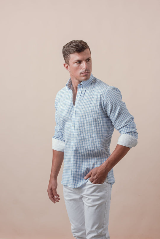 CHECKED CRINKLE - RIBBED COTTON REGULAR FIT SHIRT - Roban