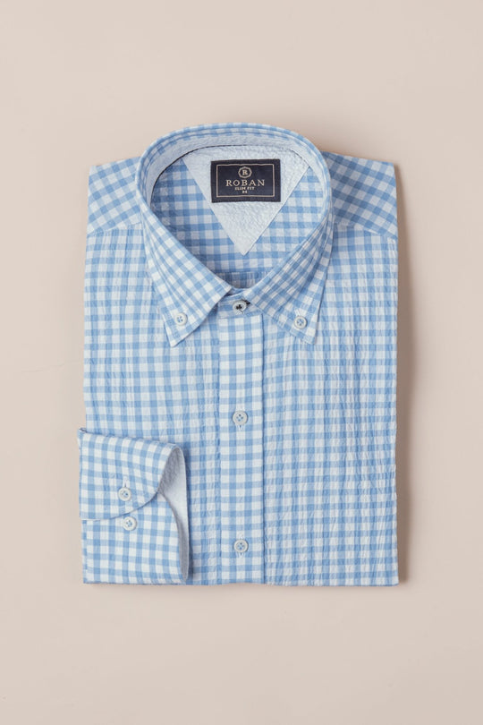 CHECKED CRINKLE - RIBBED COTTON REGULAR FIT SHIRT - Roban