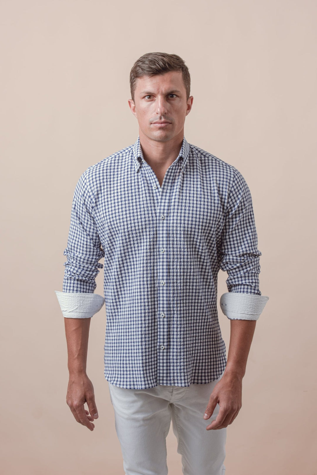 CHECKED CRINKLE - RIBBED COTTON REGULAR FIT SHIRT - Roban
