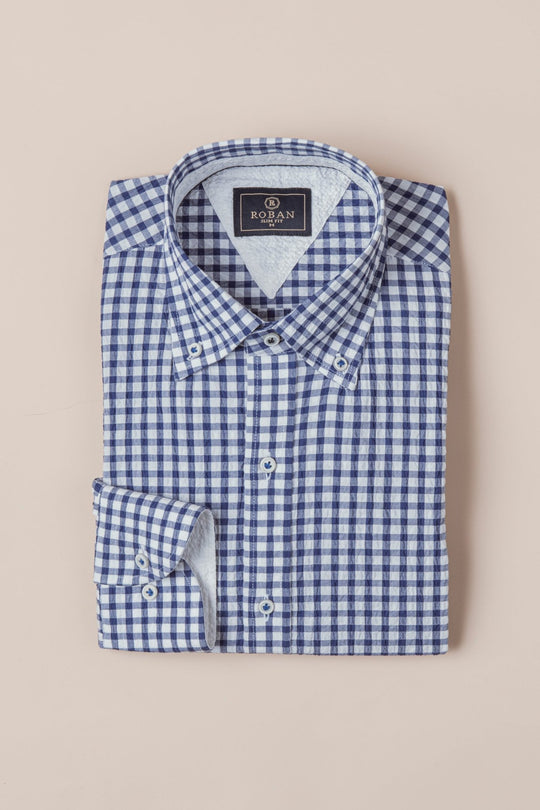 CHECKED CRINKLE - RIBBED COTTON REGULAR FIT SHIRT - Roban