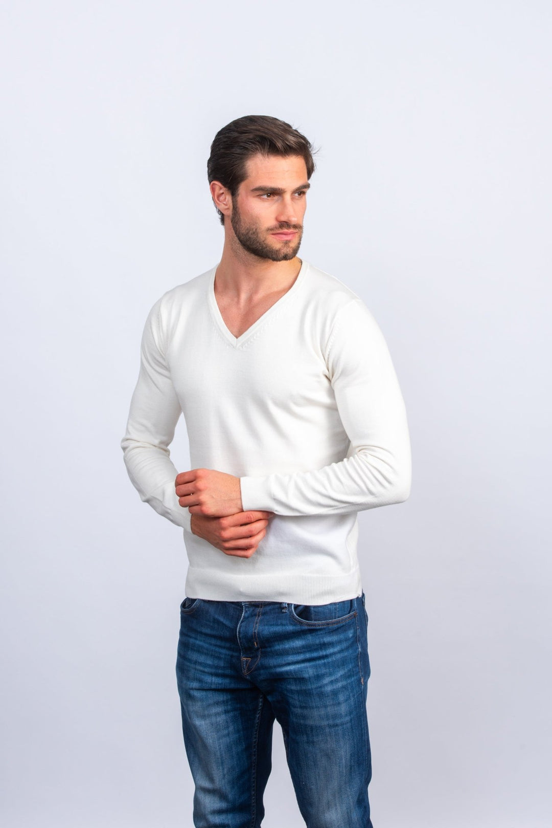 Cotton knitted V - neck Pullover - Roban
