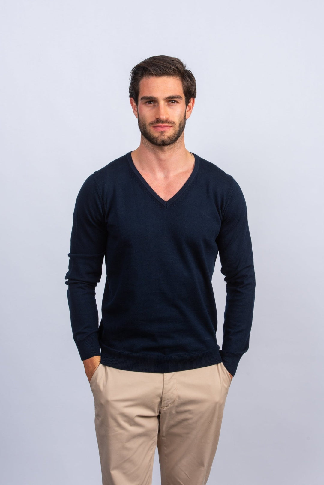 Cotton knitted V - neck Pullover - Roban