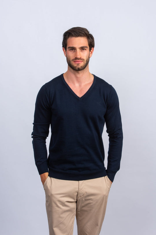 Cotton knitted V - neck Pullover - Roban
