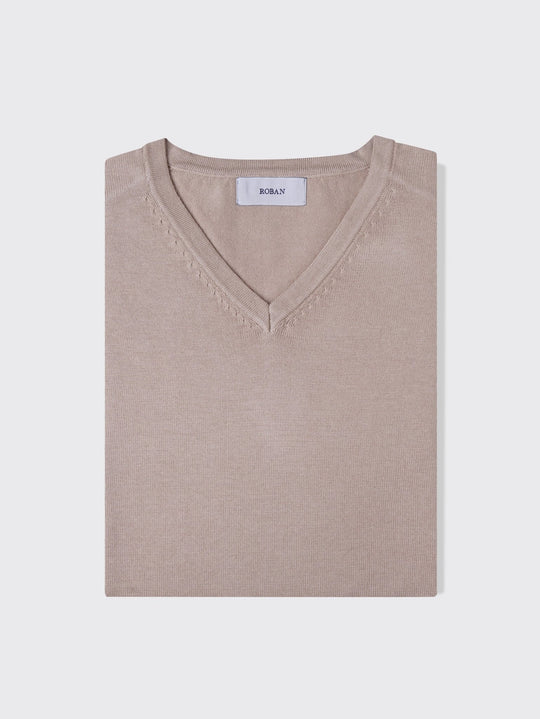 Cotton knitted V - neck Pullover - Roban