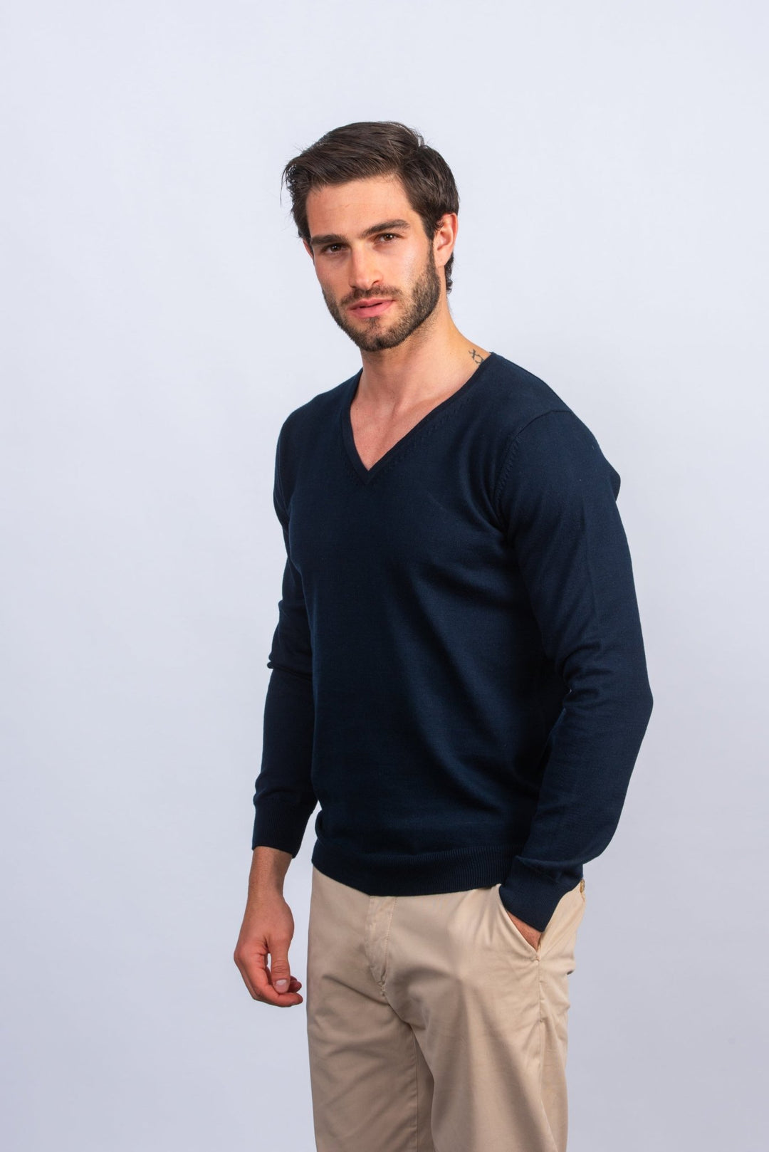 Cotton knitted V - neck Pullover - Roban