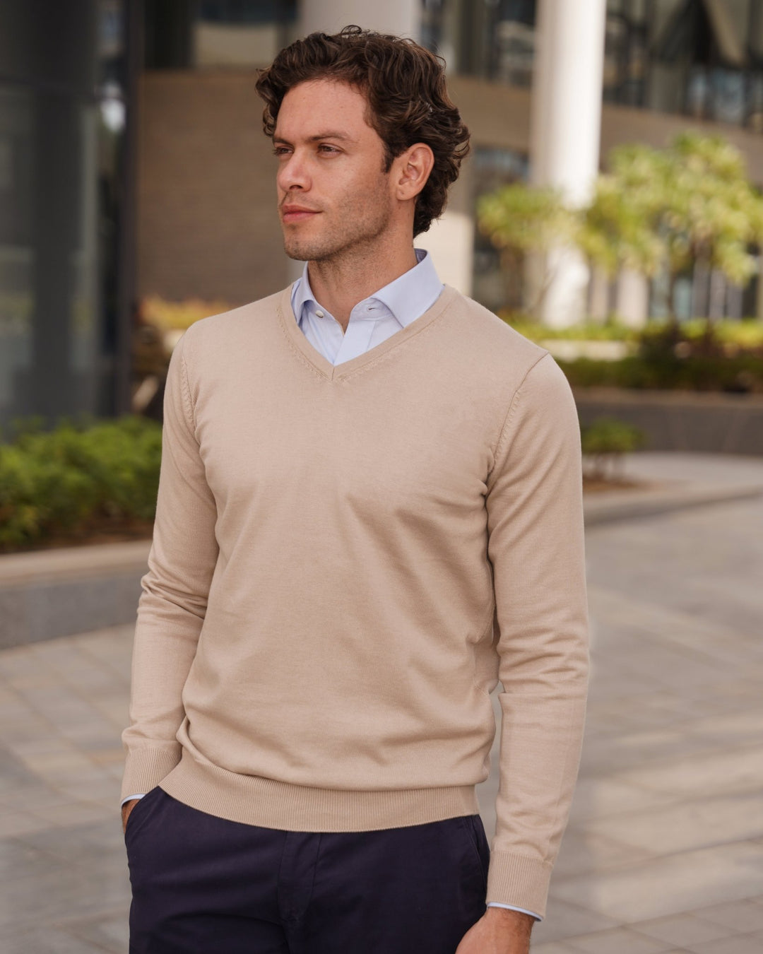 Cotton knitted V - neck Pullover - Roban
