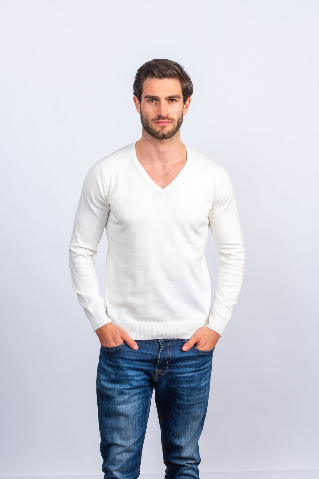 Cotton knitted V - neck Pullover - Roban