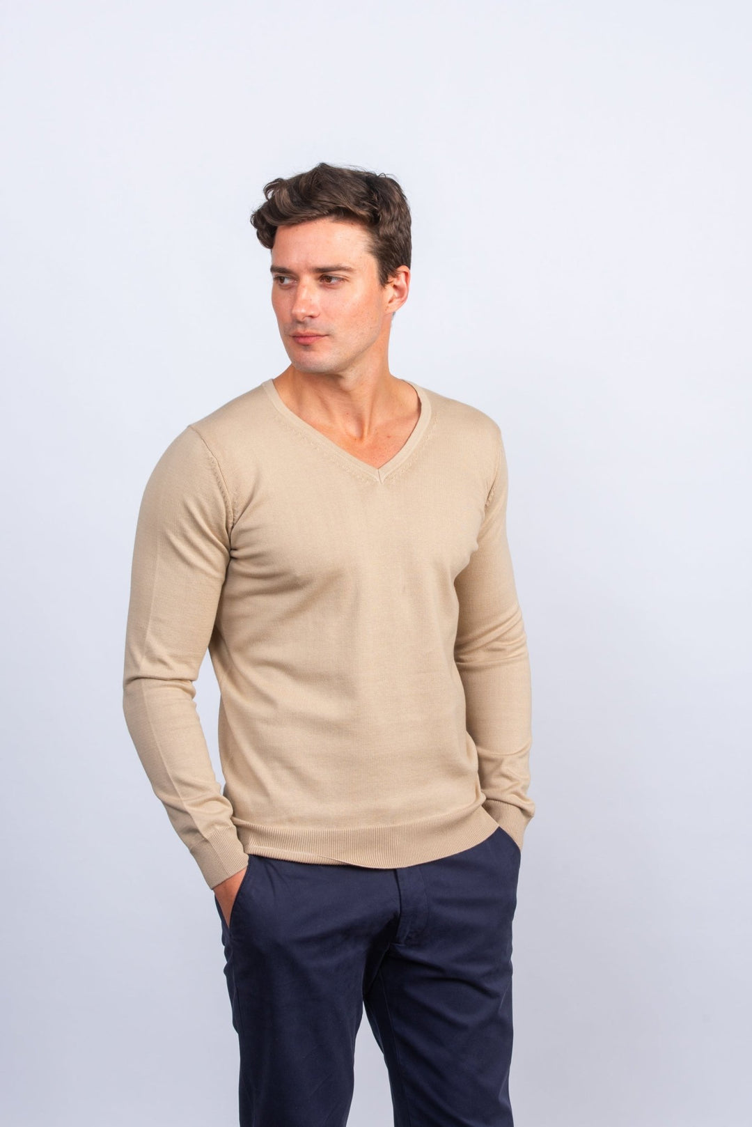 Cotton knitted V - neck Pullover - Roban