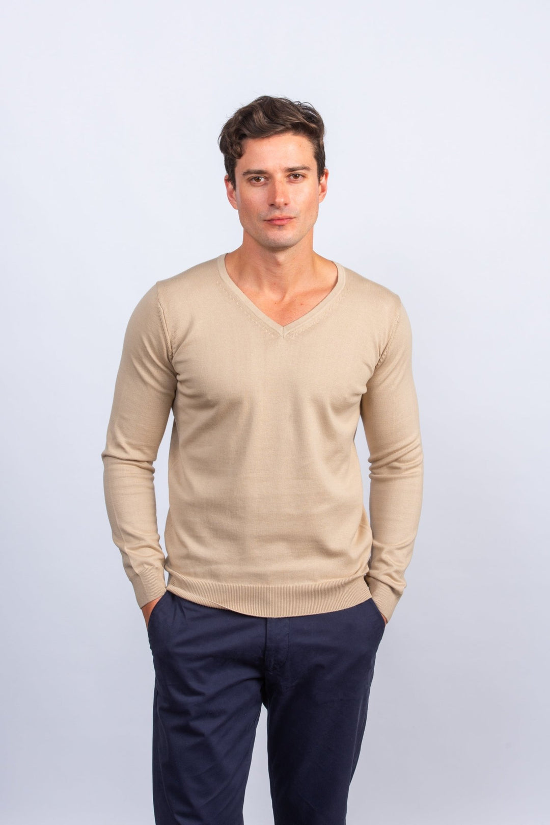 Cotton knitted V - neck Pullover - Roban