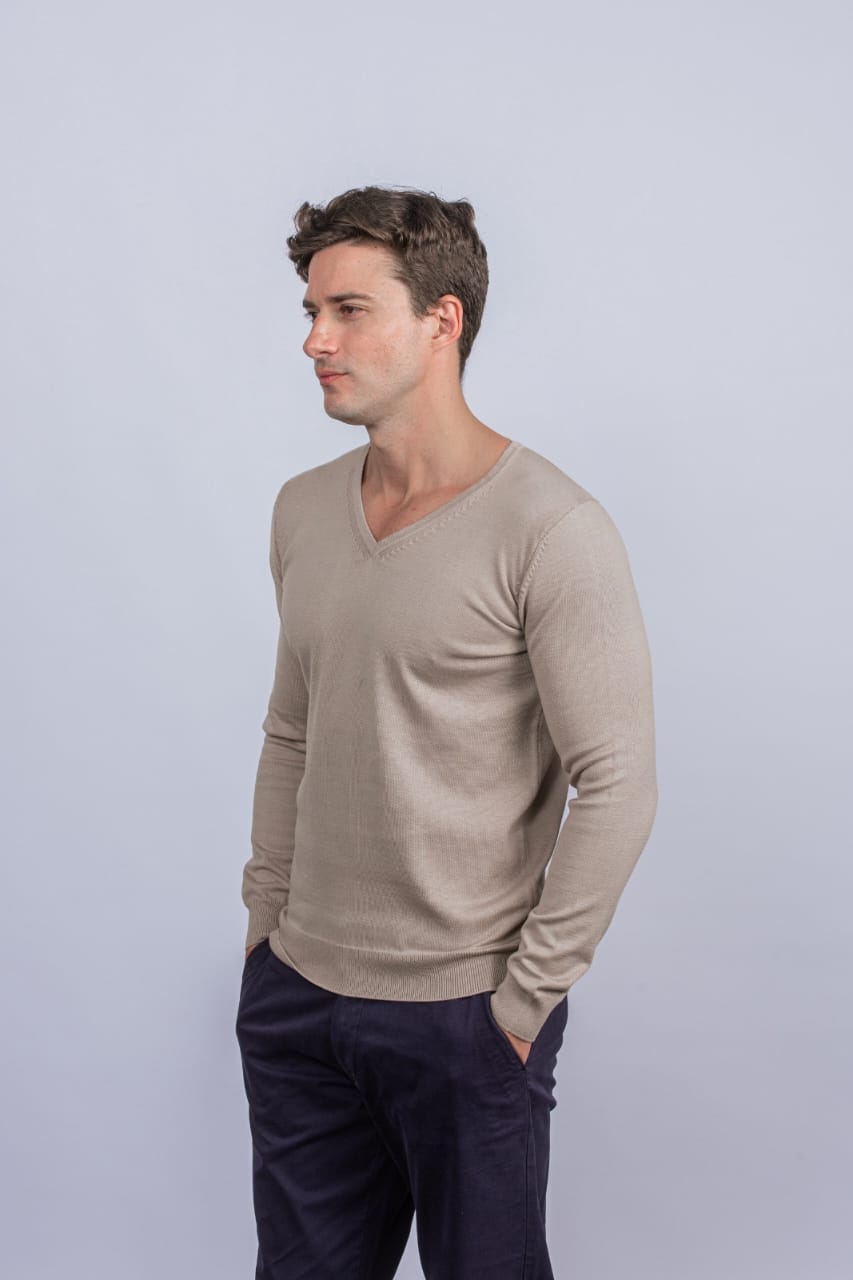 Cotton knitted V - neck Pullover - Roban