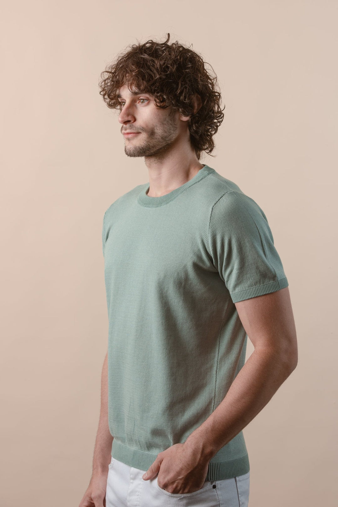 COTTON MELANGE KNITTED CREWNECK T - SHIRT - Roban
